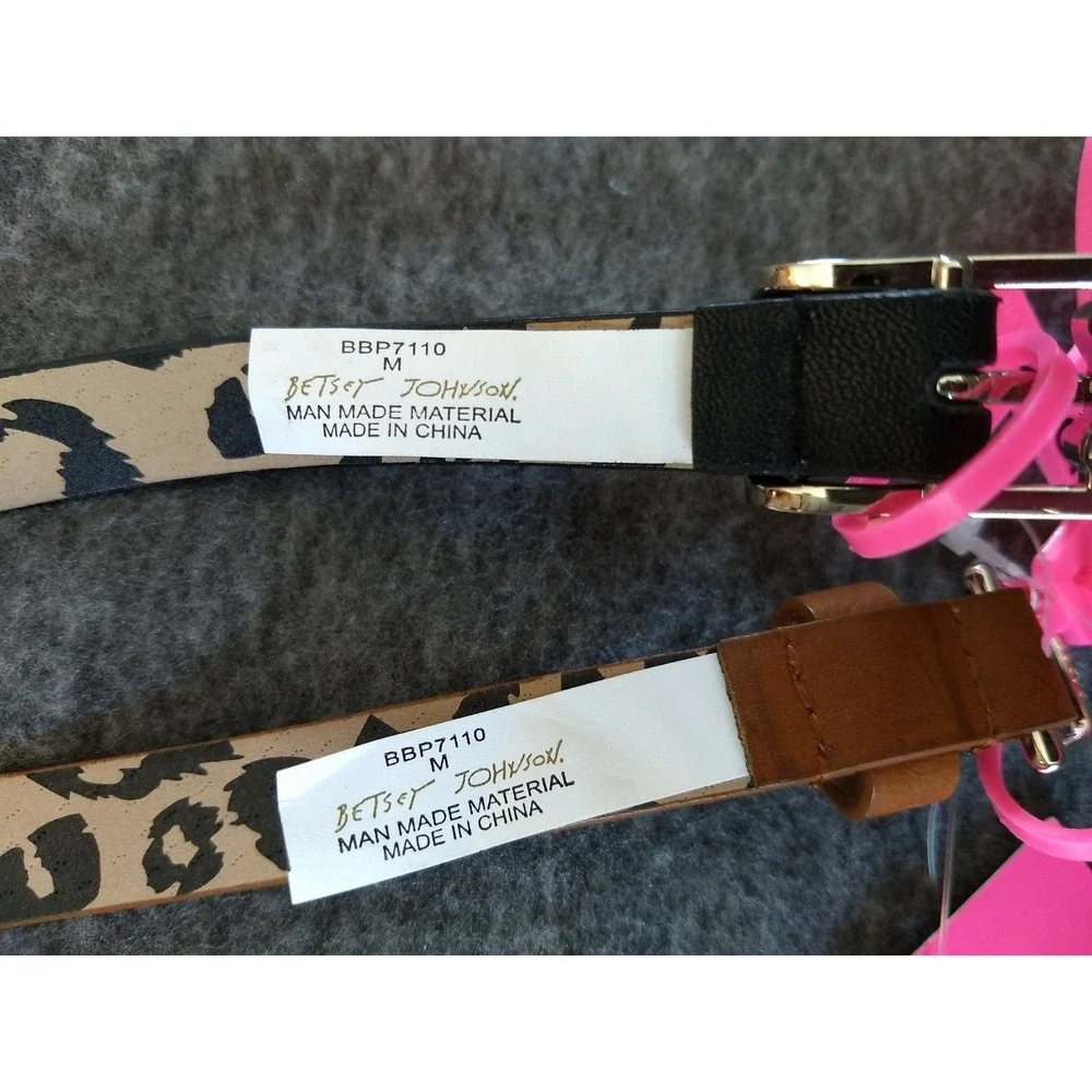 Betsey Johnson Skinny Belt Set of 2 Black & Cognac Leopard Underside Women M NWT